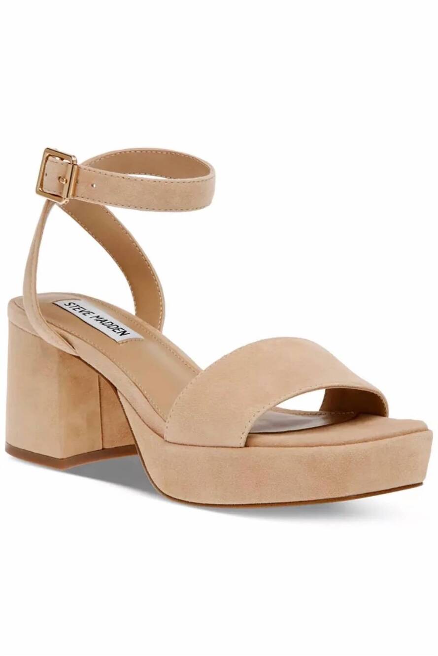 NEW STEVE MADDEN women's suede platform block heel sandal in tan